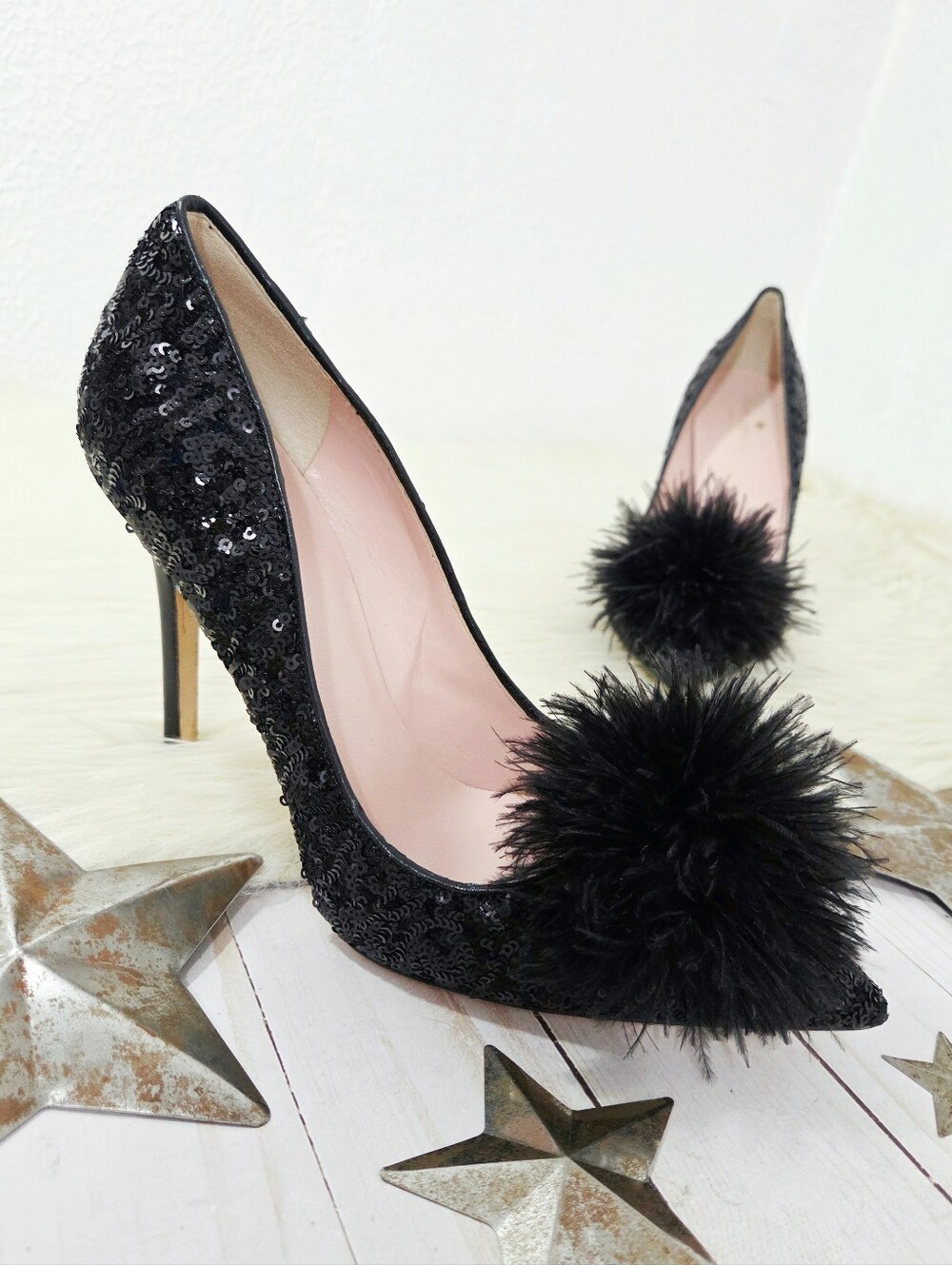 Kate Spade New York Marabou Sequin Pumps black feather pompom retro women's 8